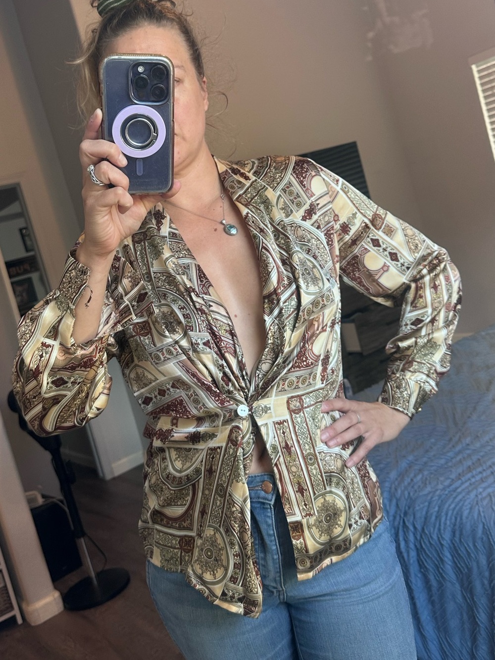 Vintage Liz Claiborne Satin Paisley Button-Front Shirt in Cream and Brown